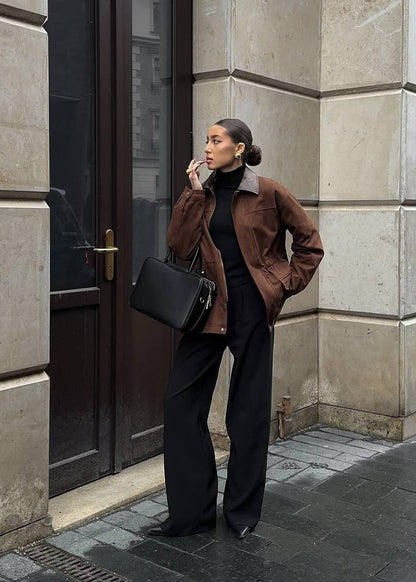 Vintage Edge - Oversized Suede Jacket with Contrast Collar