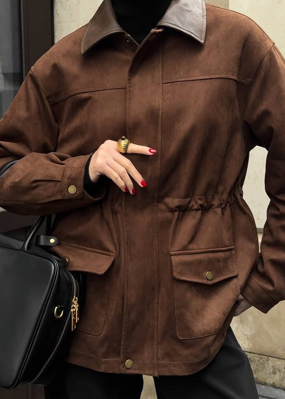 Vintage Edge - Oversized Suede Jacket with Contrast Collar