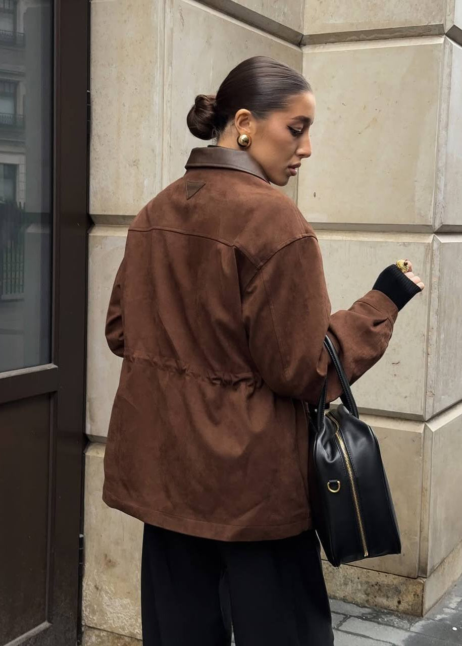 Vintage Edge - Oversized Suede Jacket with Contrast Collar