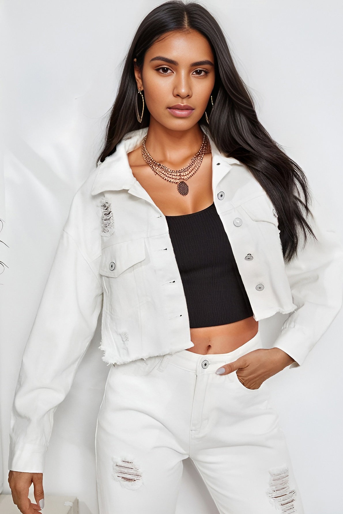 Distressed Raw Hem Denim Jacket