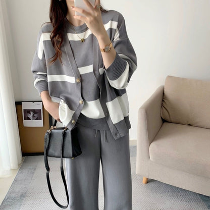 Gray – Sporty Striped Loose Three Piece Set