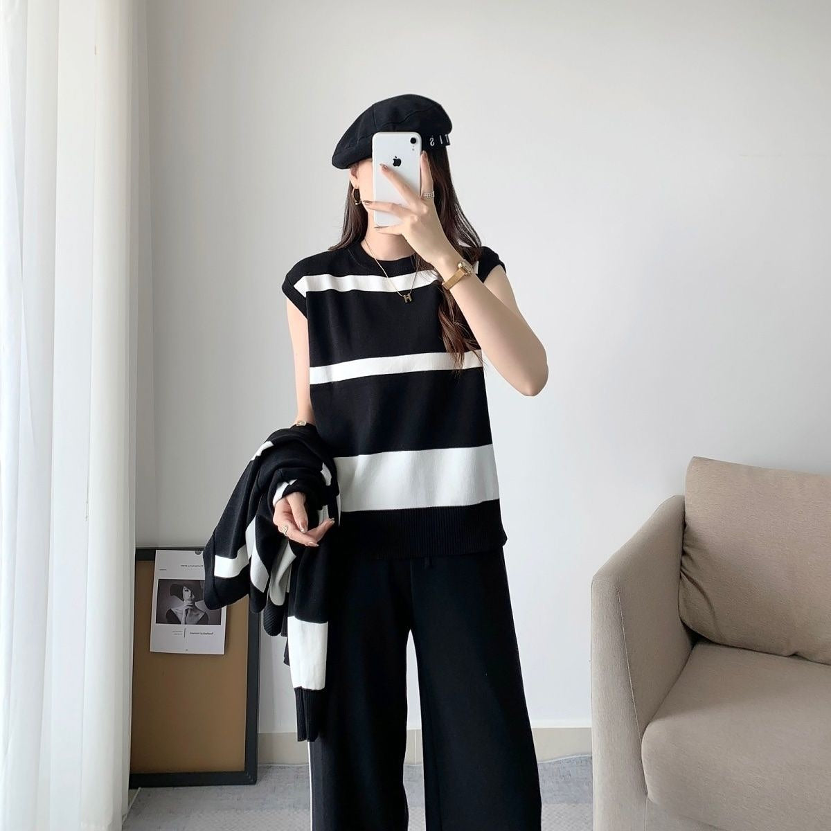 Black – Sporty Striped Loose Three Piece Set