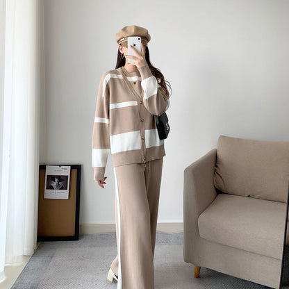 Khaki – Sporty Striped Loose Three Piece Set