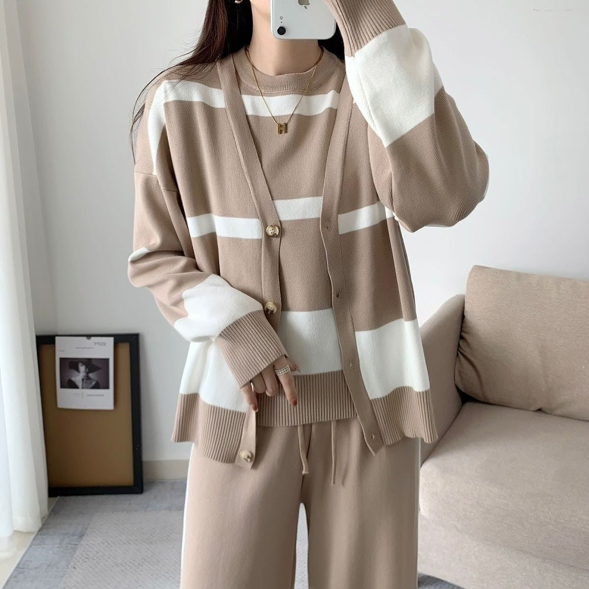 Khaki – Sporty Striped Loose Three Piece Set