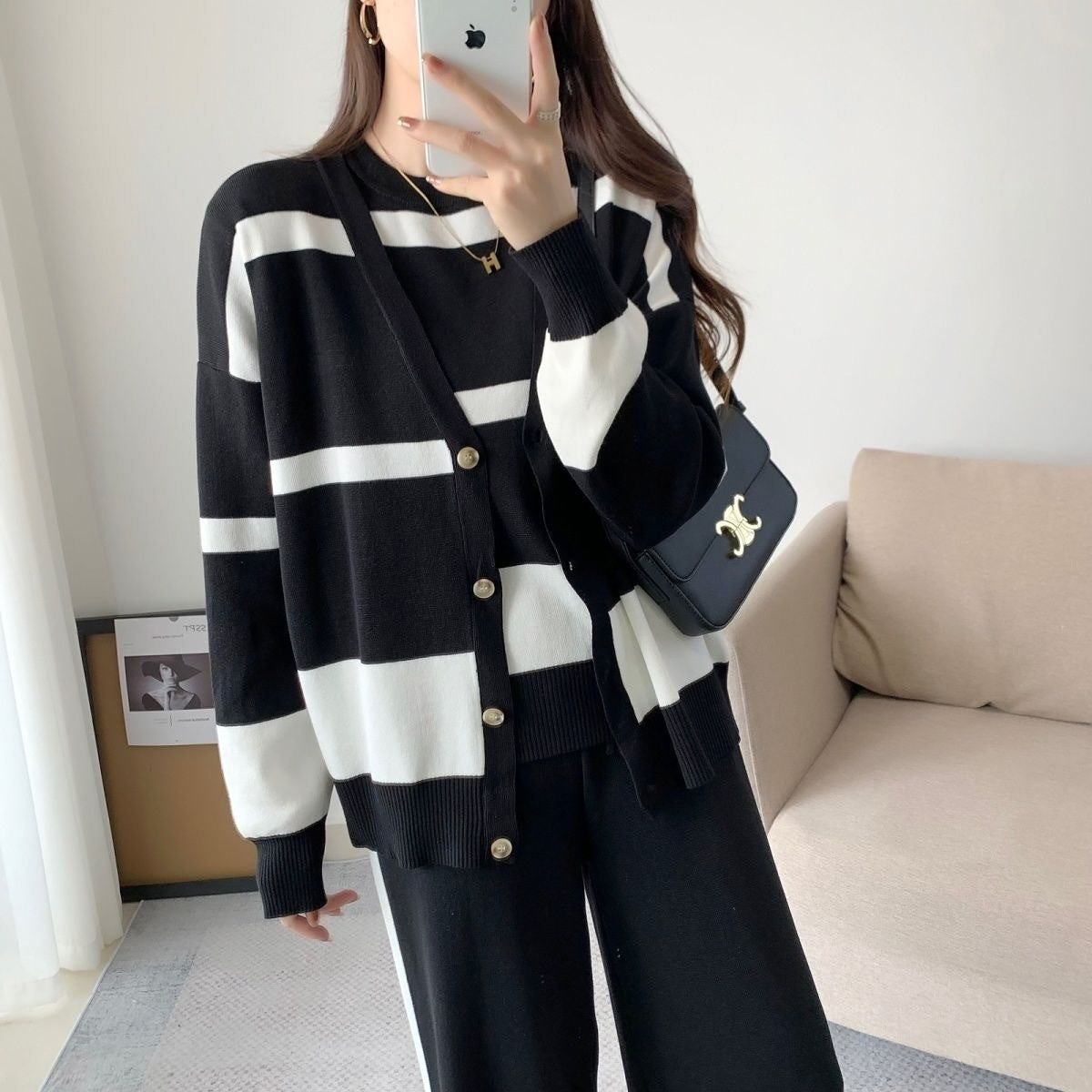 Black – Sporty Striped Loose Three Piece Set
