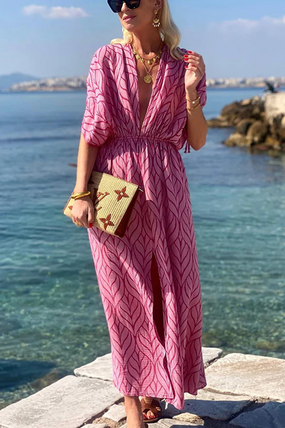 Printed Drawstring Design Kimono Beach Maxi Dress