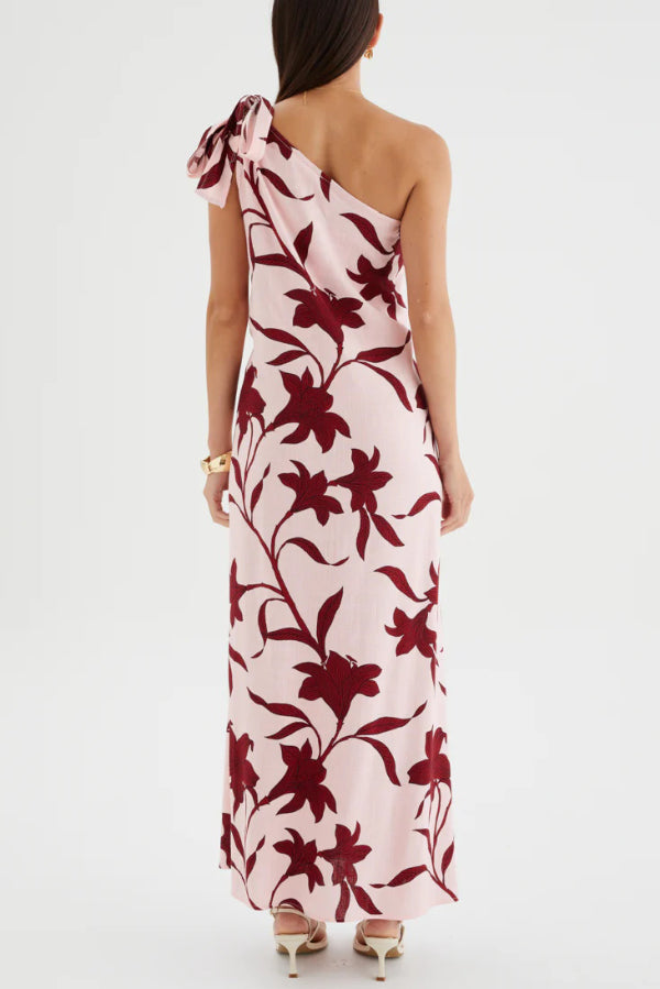 Botanical Print Sleeveless One-shoulder Tie-up Casual Vacation Maxi Dress