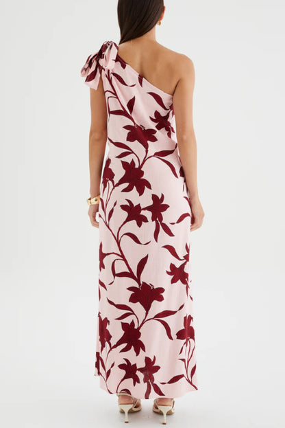Botanical Print Sleeveless One-shoulder Tie-up Casual Vacation Maxi Dress