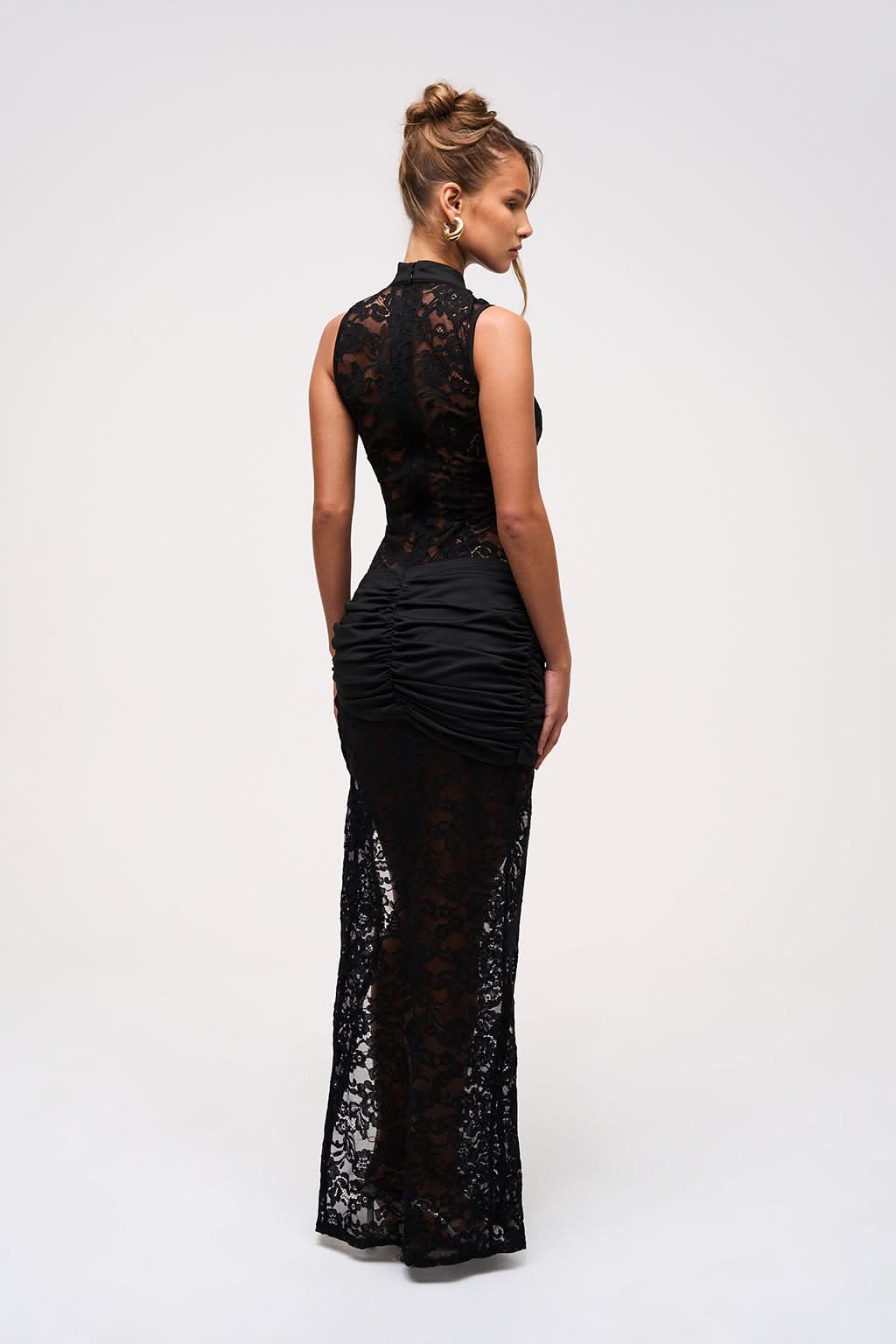 High Neck Lace Keyhole Cutout Draped Waist Thigh Slit Maxi Dress