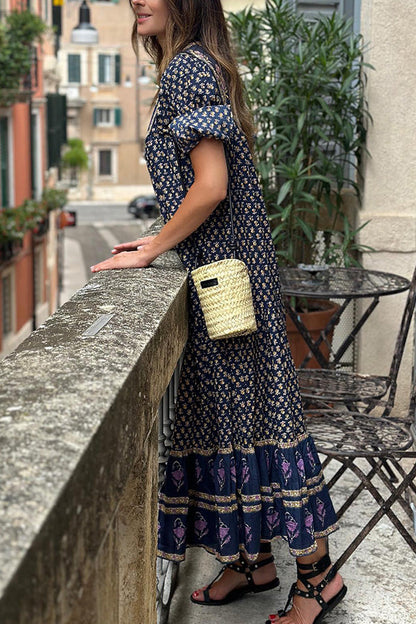 Bohemian puff sleeve pleated dress