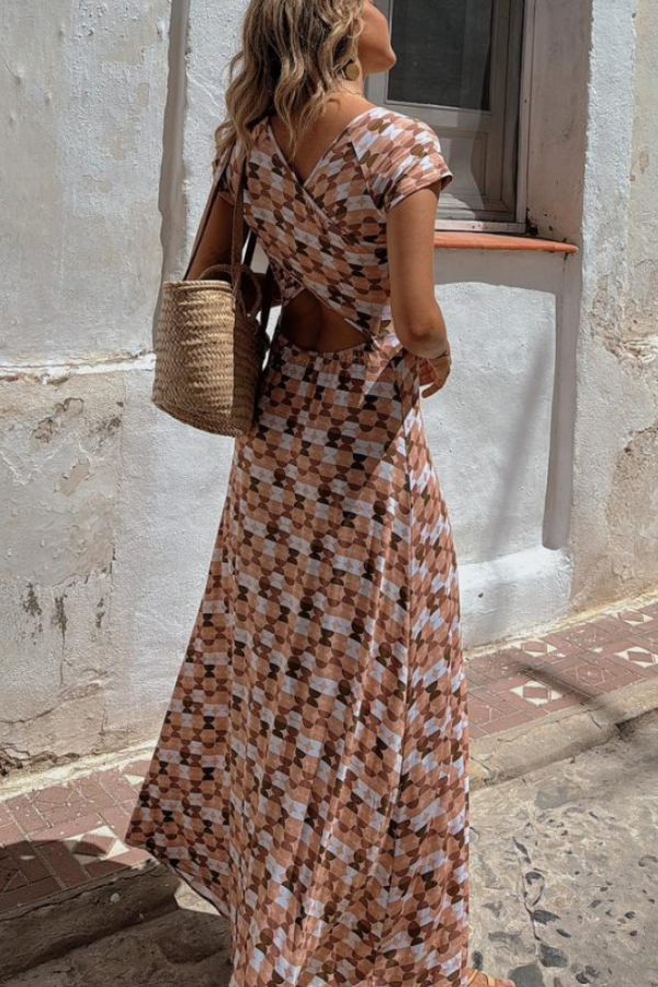 Salmon Regular Pattern Print Short Sleeve Maxi Dress