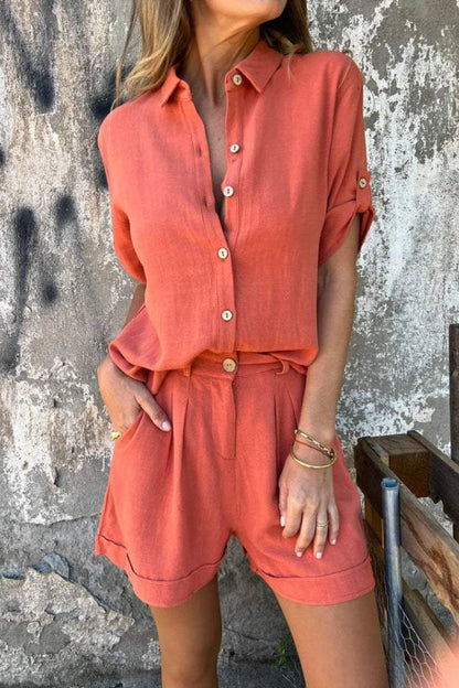 Orange Summer Cotton and Linen Short-sleeved Suit