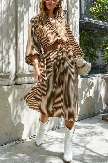 ETHEREAL SWEETIE STRIPED BELTED MIDI DRESS