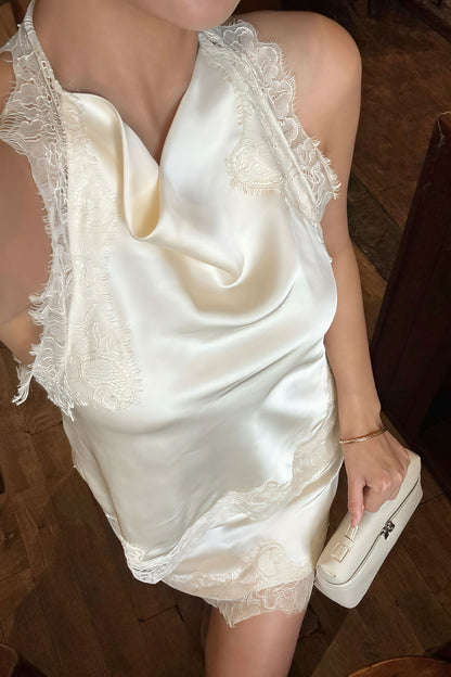 Lace Trim Cowl Neck Halter Satin Cami Top and Mini Skirt Set