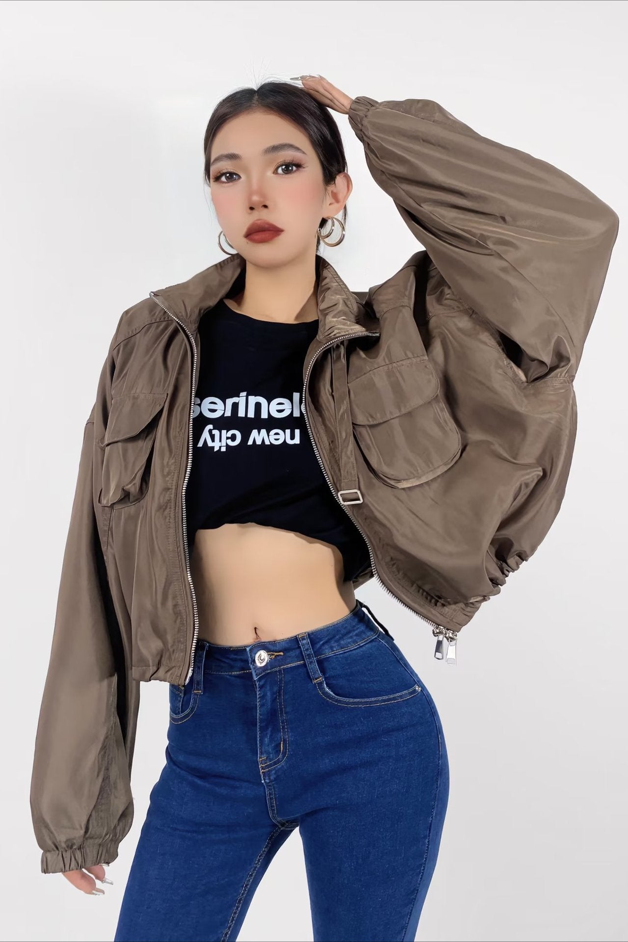 Cropped Cargo High Neck Coat