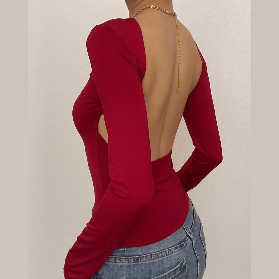 Hollow out solid long sleeve backless cut out top
