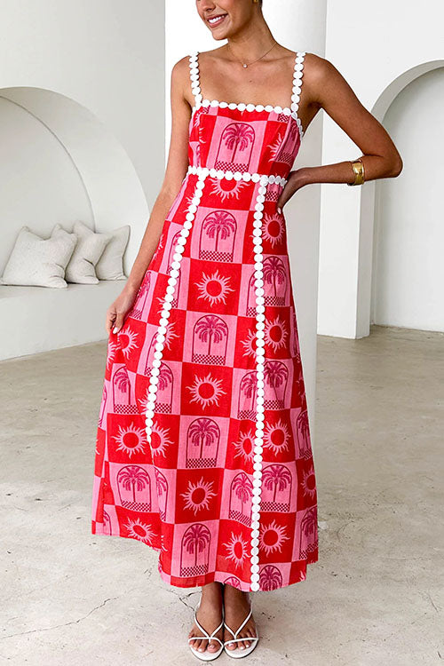 Ric Rac Trim Bow Back Palm Soleil Print Maxi Cami Dress
