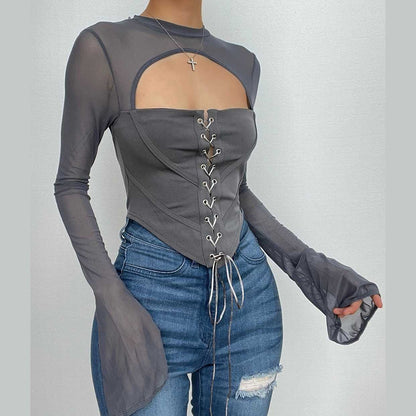 Lace up flared sleeve crewneck corset hollow out backless cut out top