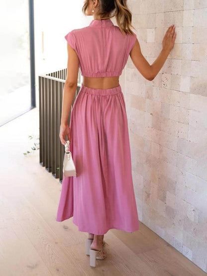 Mock Neck Sleeveless Waist Cutout Pocketed A-Line Midi Dress