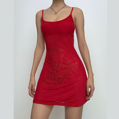 Beaded pattern u neck backless cami mini dress