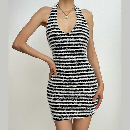 Contrast Striped Fuzzy Knit Halter Neck Backless Bodycon Mini Dress