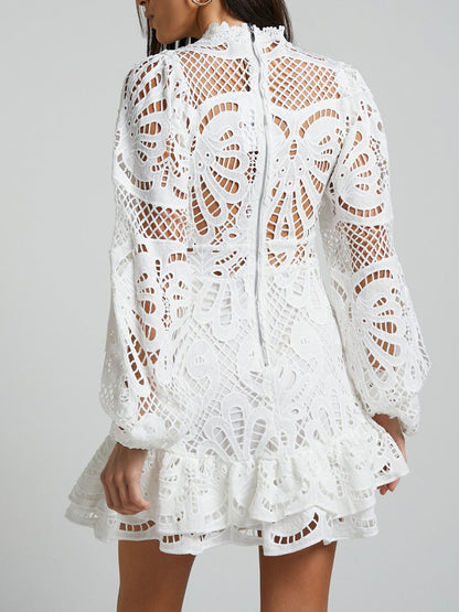 Lantern-style Long-sleeved, Fitted A-line Dress With Ruffled Hem And Water-soluble Lace.