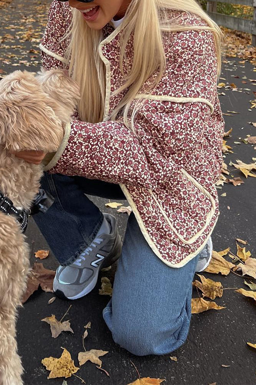 Stand Collar Open Front Floral Print Quilted Coat