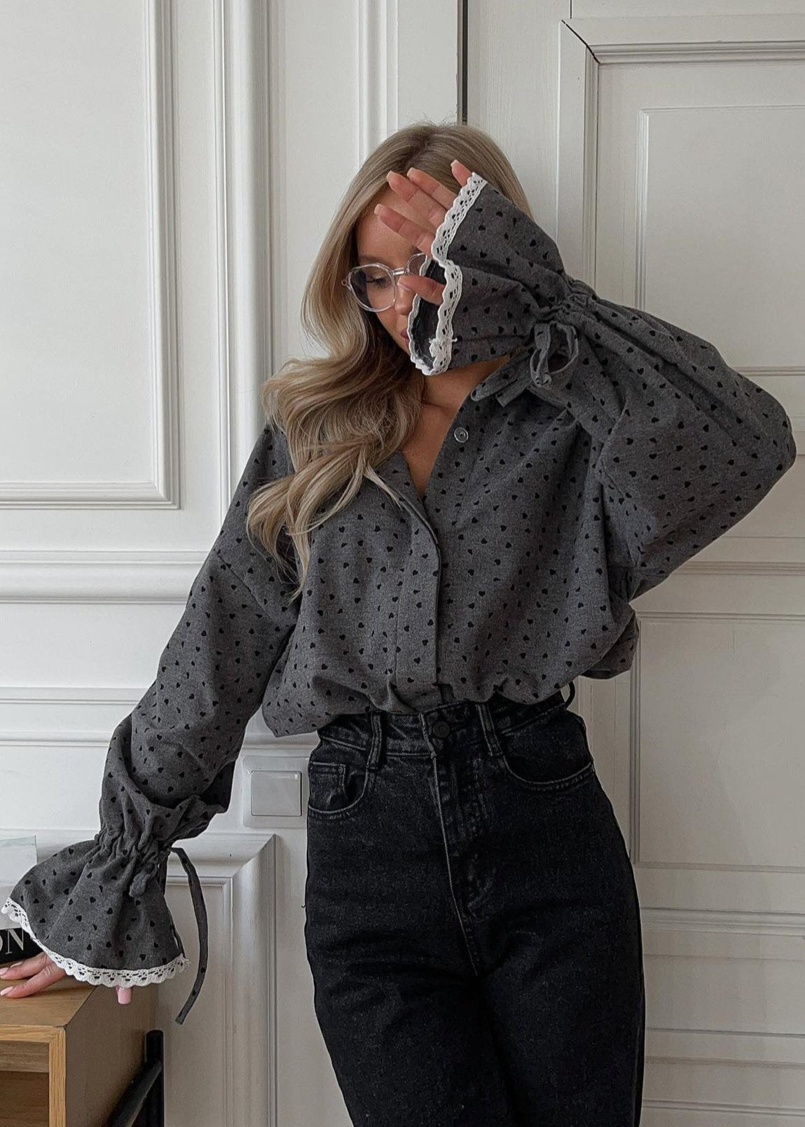 Romantic Heart Print Lace Cuff Shirt