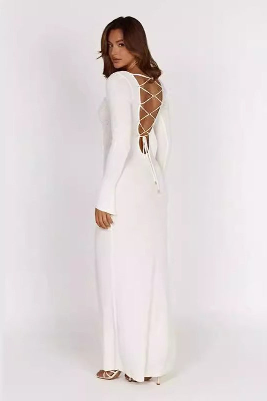 Sexy Knit Backless Tie Waist Long Sleeve Bodycon Dress