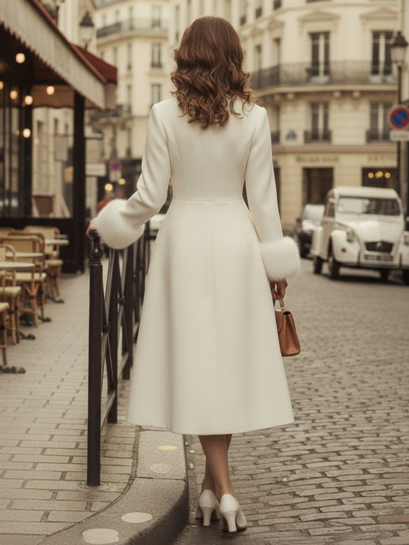 Vintage A-line Woolen Flared Midi Coat With Detachable faux fur cuffs In White 2026