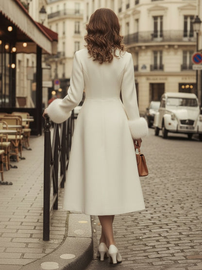 Vintage A-line Woolen Flared Midi Coat With Detachable faux fur cuffs In White 2026