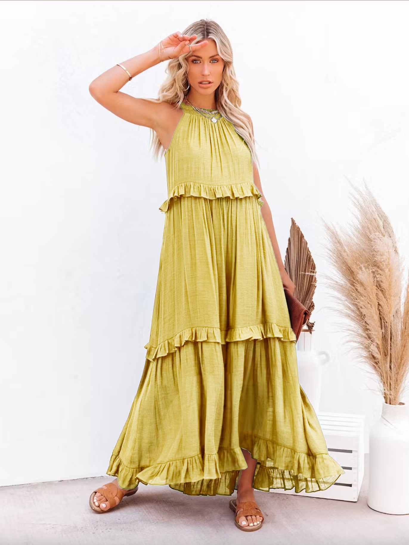 Boho Halter Neck Maxi Shift Dress for Women - Ruffle Tiered Flowy Sun Dress - Summer Beach Vacation 2026
