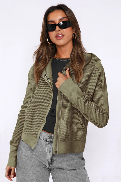 Quilted Panel Zip Up Cropped Hoodie