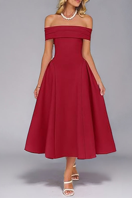 Off-Shoulder Waist-Cinched Solid Party Dress