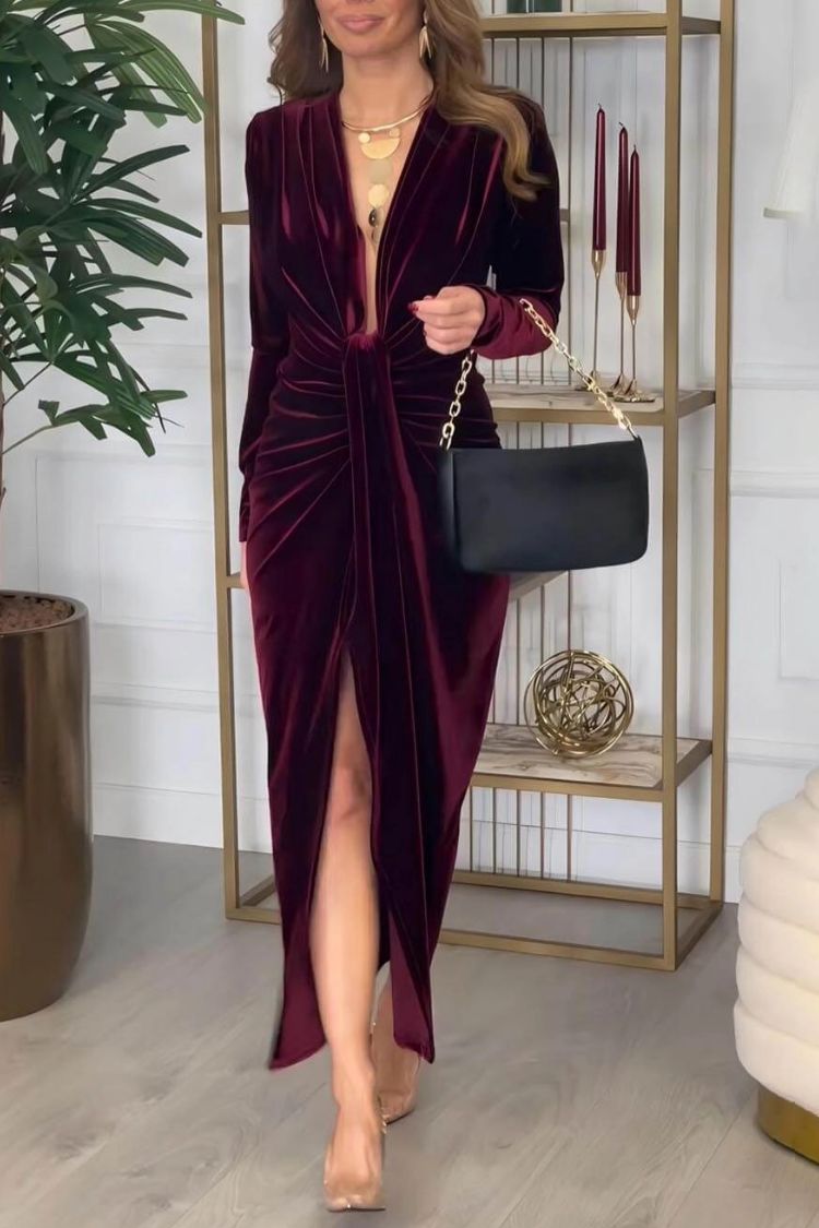 Classic Elegant Pleated Deep V Slit Party Maxi Dress