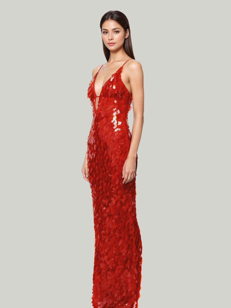 Sequin Maxi Dress In Red Deep V-neck Spaghetti Straps Sexy Formal Party Long Dress For Women 2026