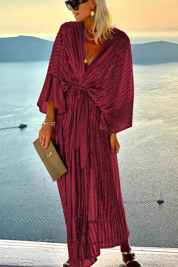 Sequin Kimono Sleeve Wrap Tie Waist Floor Length Maxi Gown
