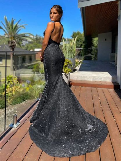 Birthday Party Dresses Blue Straps Neck Sleeveless Backless Prom Long Aquatic Dress