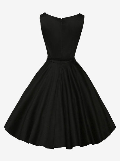 Vintage 1950s Swing Cocktail Dress Women - Sleeveless Boat Neck A-Line Belted Audery Style Midi Gown - Wedding Guest 2026