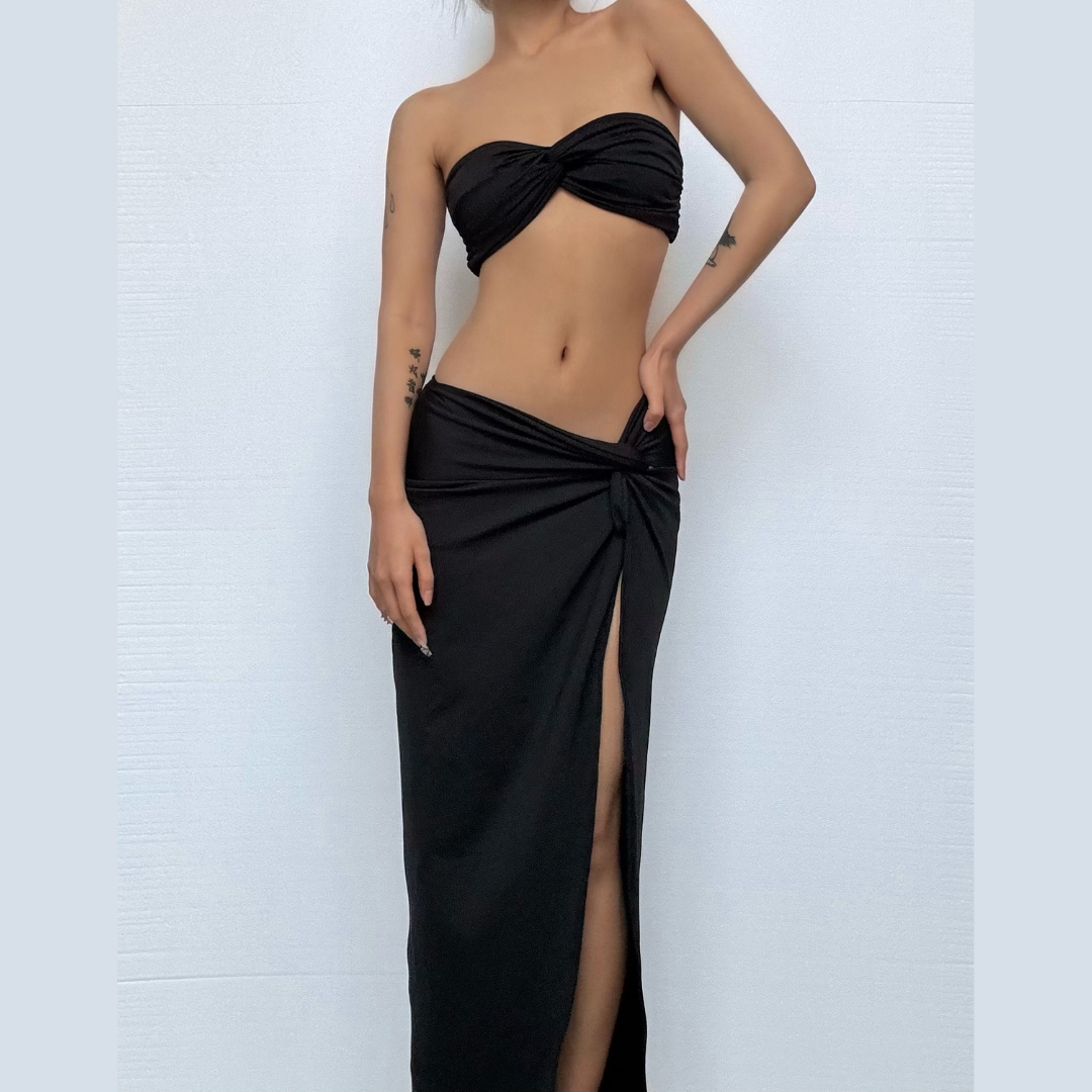 Sweetheart neck ruched slit maxi skirt set