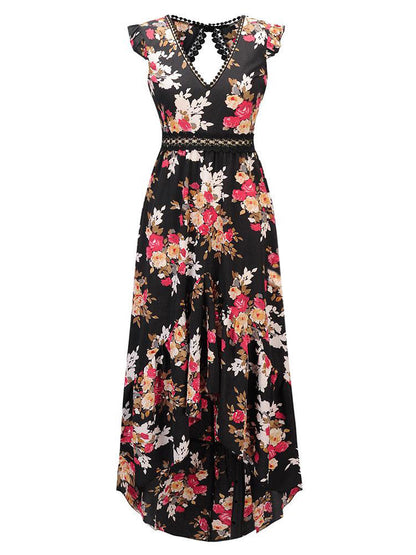 Black Floral Boho Maxi Dress for Women - High Low Hem Open Back Crochet Waist Long Dress - Summer Date Night Outfits 2026