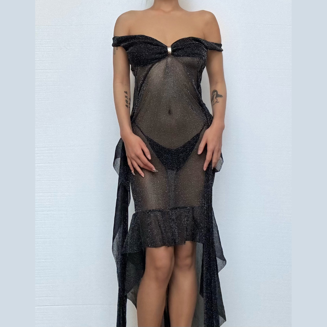 Off shoulder knotted glitter ruched maxi dress