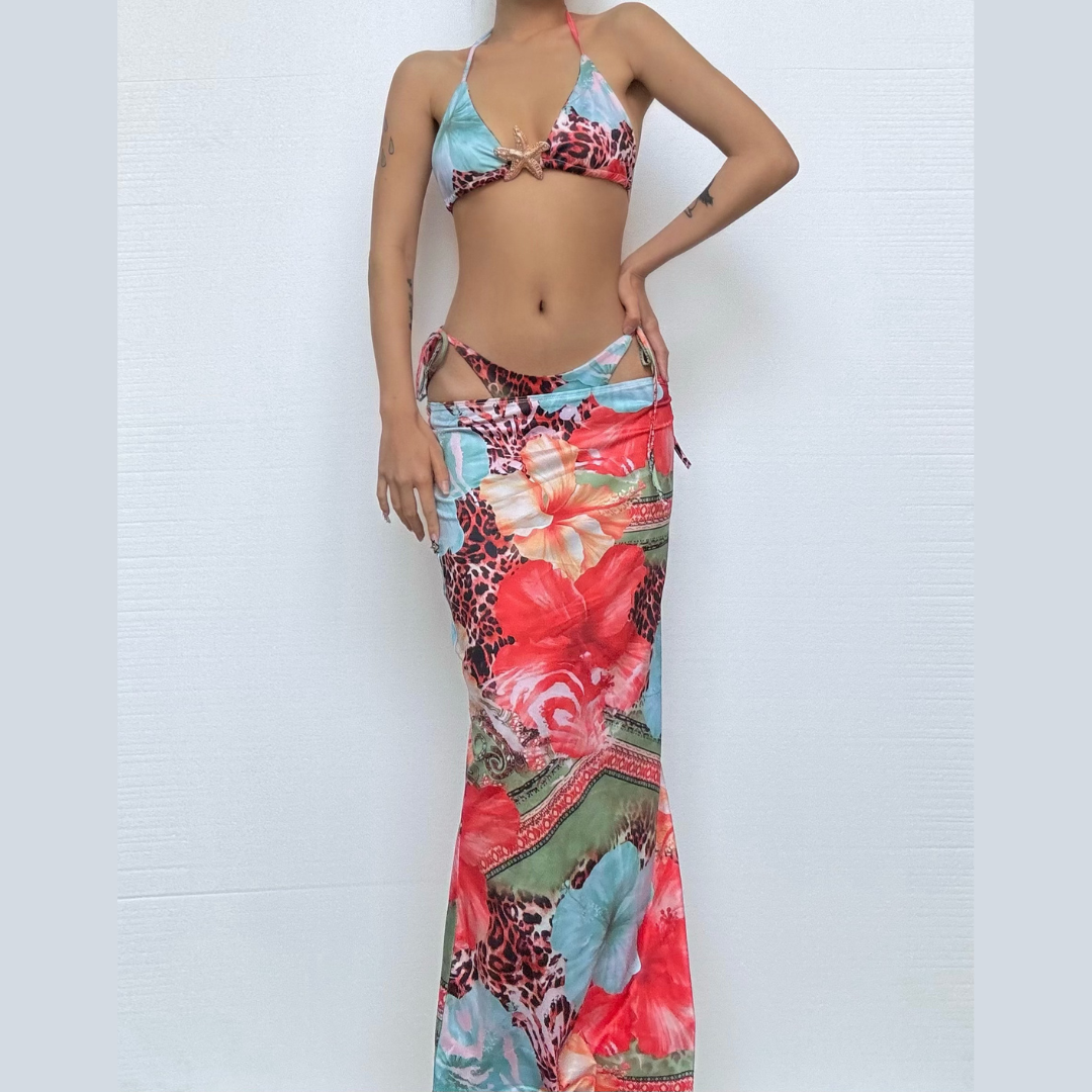 Self tie halter flower print 3 piece maxi skirt set