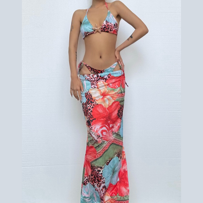 Self tie halter flower print 3 piece maxi skirt set