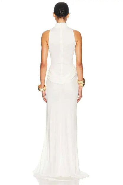 Mock Neck Sleeveless Ruched Hip High Slit Maxi Dress