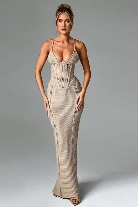 Crochet Knit Halter Deep V Ladder Panel Bodycon Maxi Dress