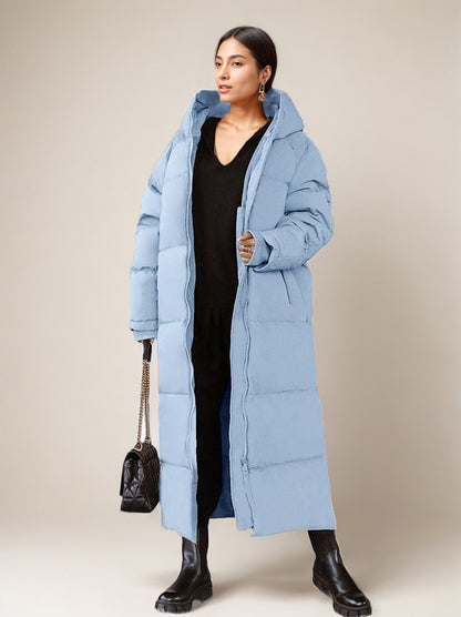 Long Puffer Coats Orange Hooded Winter Full Length Coat For Women