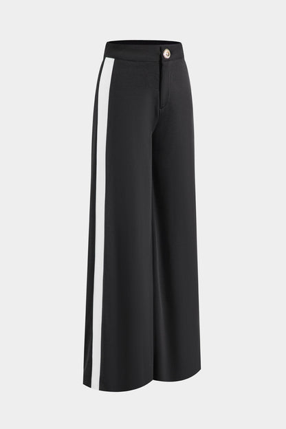 Contrast Metallic Button Short-Sleeve Shirt And Wide Leg Trousers Set