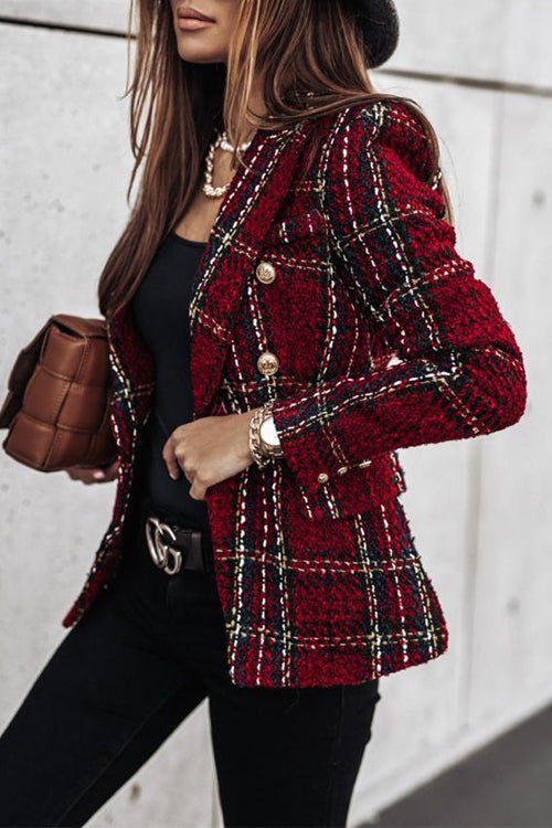 Double Breasted Open Front Plaid Blazer Jacket