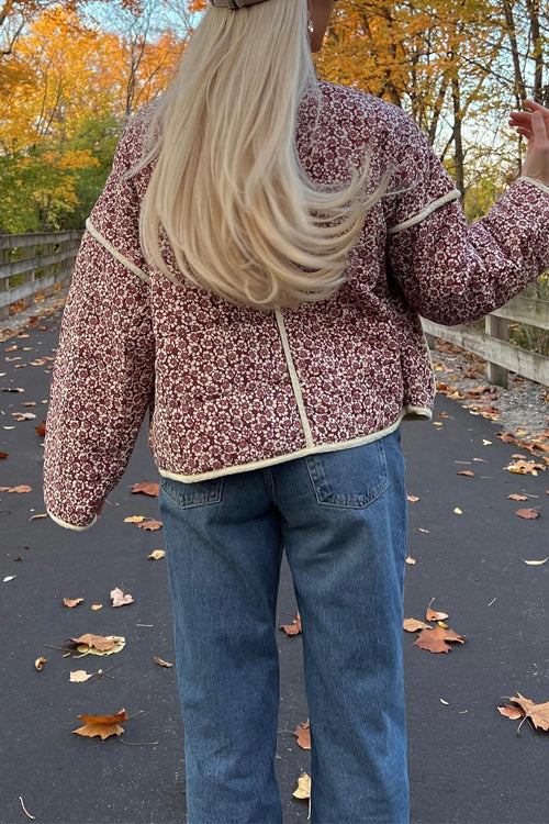 Stand Collar Open Front Floral Print Quilted Coat